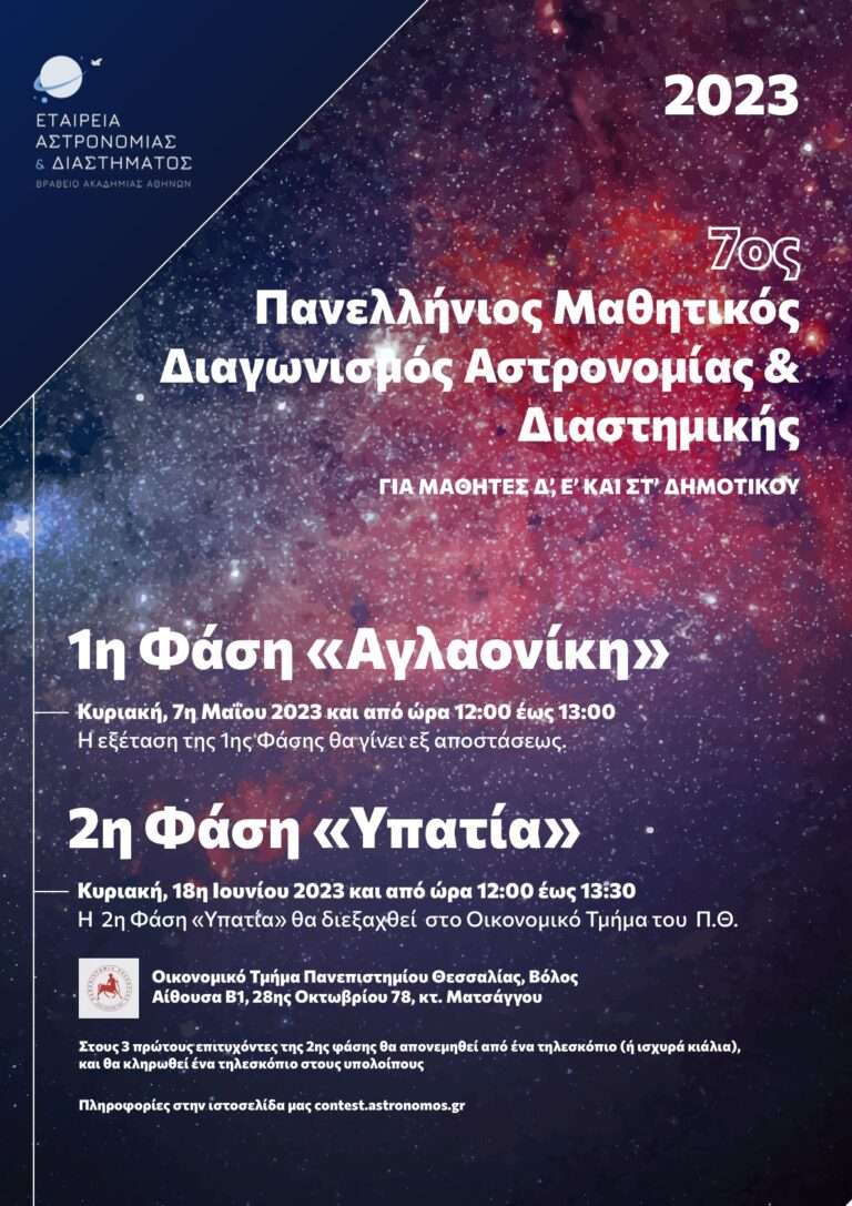 7ος Πανελλήνιος Μαθητικός Διαγωνισμός Αστρονομίας & Διαστημικής 2023 για το Δημοτικό